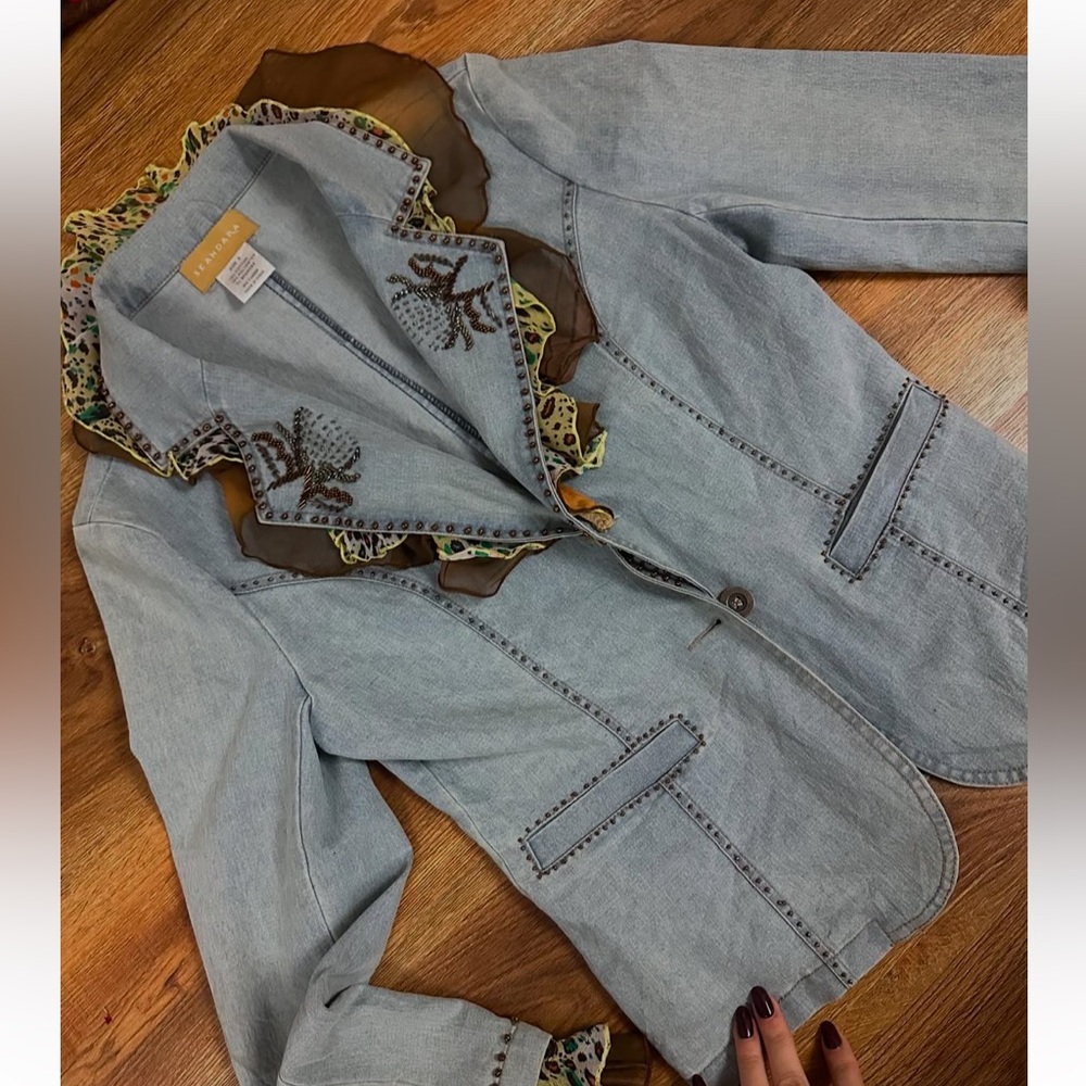 VTG Seandara Embellished Embroidered Beaded Layer Chiffon Denim Blazer-Sz M-NWOT